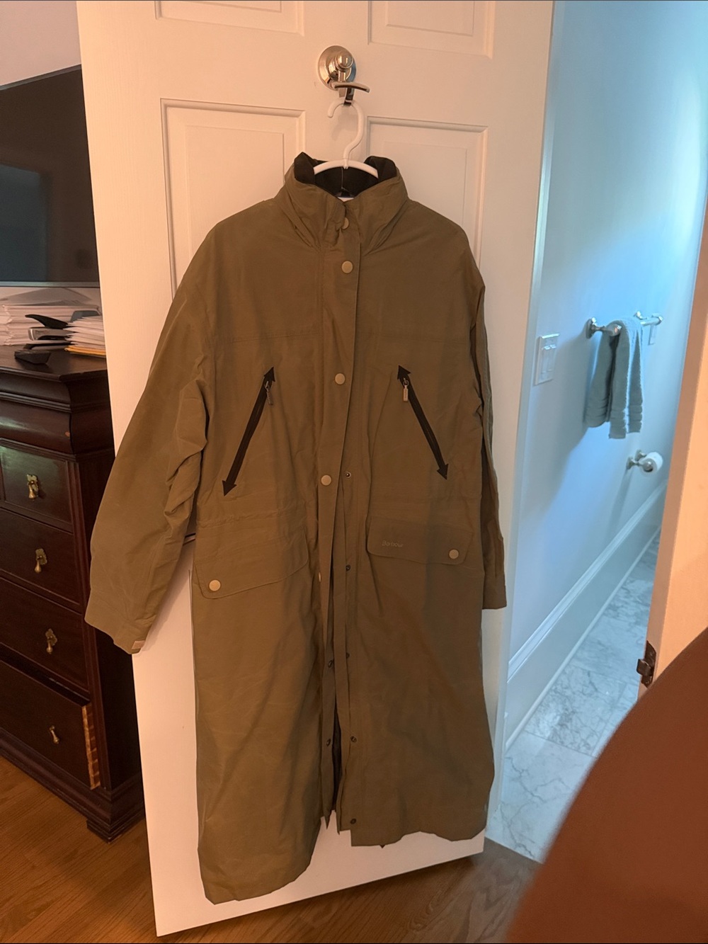 Barbour Olive Long Trench with Zip Chest Pockets